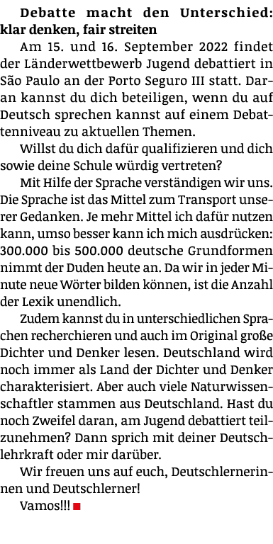 Debatte macht den Unterschied: klar denken, fair streiten Am 15. und 16. September 2022 findet der L nderwettbewerb J...