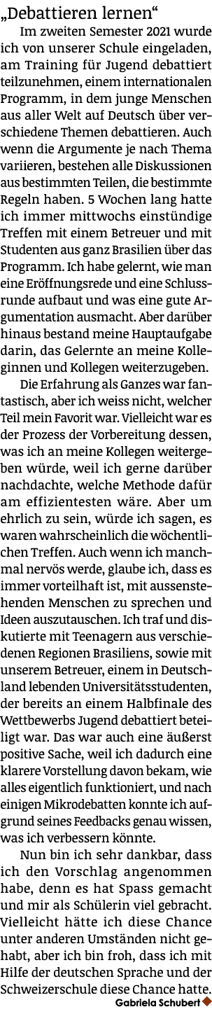 „Debattieren lernen“ Im zweiten Semester 2021 wurde ich von unserer Schule eingeladen, am Training f r Jugend debatti...
